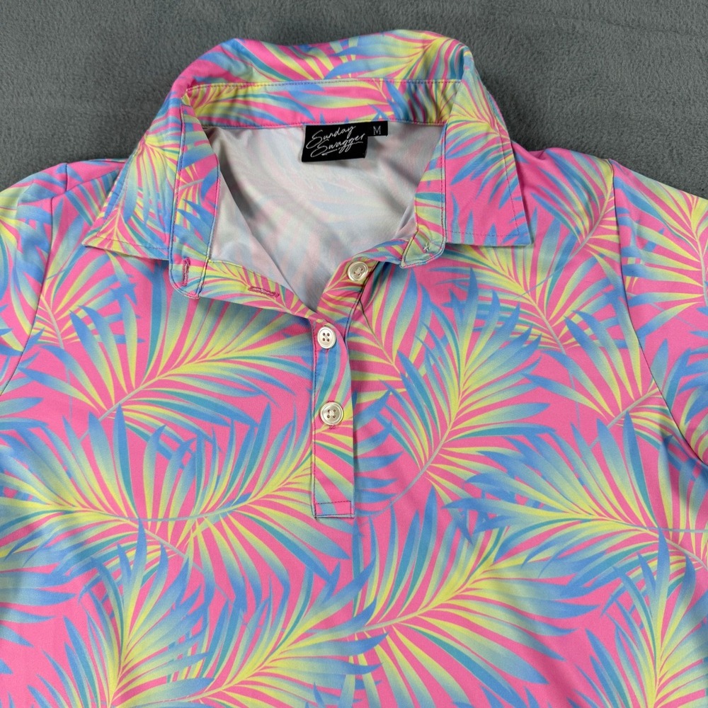 Sunday Swagger Mens Tropical Palm Leaf Golf Polo Shirt Pink Blue Yellow Size M